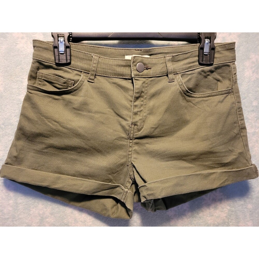 H&M Women Olive Green Cuffed Denim Shorts Size 6 Roll Hem Mini Army Casual